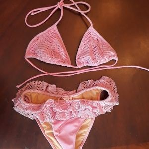 Pink crochet ruffle bikini